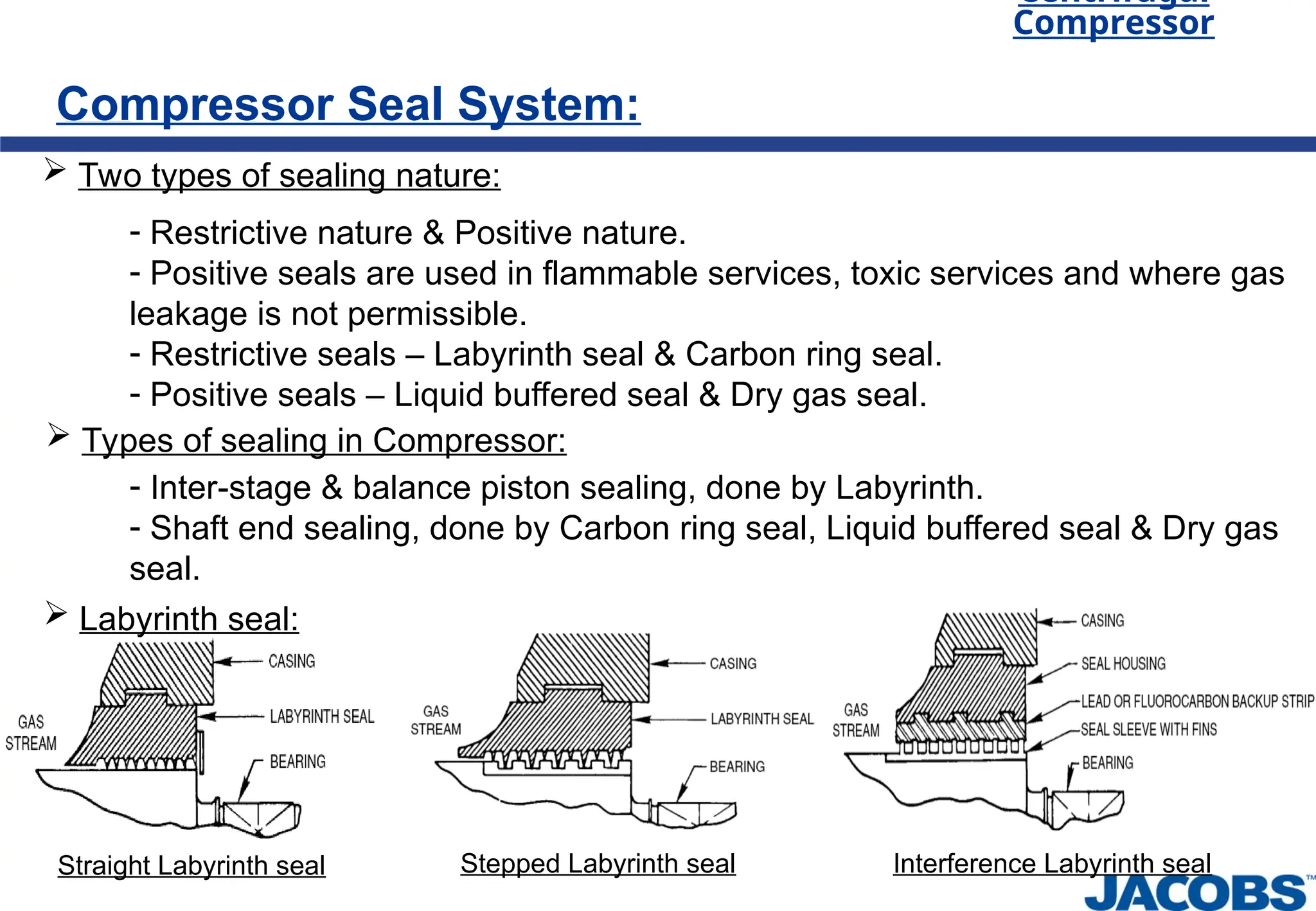 Centrifugal
Compressor
Compressor Seal System:
 Two types of sealing nature:
- Restrictive nature & Positive nature.
- Positive seals are used in flammable services, toxic services and where gas
leakage is not permissible.
- Restrictive seals – Labyrinth seal & Carbon ring seal.
- Positive seals – Liquid buffered seal & Dry gas seal.
 Types of sealing in Compressor:
- Inter-stage & balance piston sealing, done by Labyrinth.
- Shaft end sealing, done by Carbon ring seal, Liquid buffered seal & Dry gas
seal.
 Labyrinth seal:
Straight Labyrinth seal Interference Labyrinth seal
Stepped Labyrinth seal
 