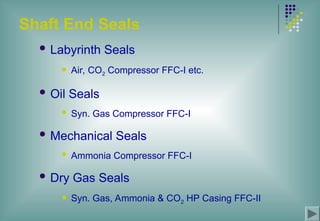 Shaft End Seals
 Labyrinth Seals
 Air, CO2 Compressor FFC-I etc.
 Oil Seals
 Syn. Gas Compressor FFC-I
 Mechanical Seals
 Ammonia Compressor FFC-I
 Dry Gas Seals
 Syn. Gas, Ammonia & CO2 HP Casing FFC-II
 