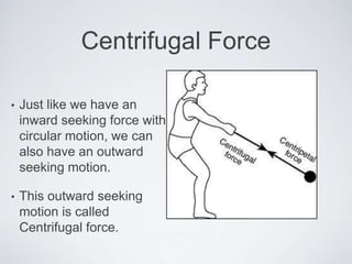 Centrifugal Force
• Just like we have an
inward seeking force with
circular motion, we can
also have an outward
seeking motion.
• This outward seeking
motion is called
Centrifugal force.
 