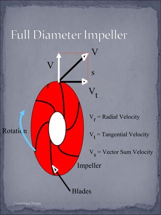 Rotation 
Centrifugal Pumps 
Vt 
Impeller 
Blades 
V 
r 
V 
s 
Vr = Radial Velocity 
Vt = Tangential Velocity 
Vs = Vector Sum Velocity 
 
