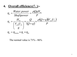 4. Overall efficiency( ):-o
 
  
mvmanoo
w
w
m
o
m
o
P
UVqQ
qQ
Q
g
UV
H
P
QgH
powerShaft
powerWater


















22
22
The normal value is 71% - 86%
15
 