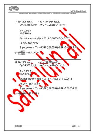 SAIF AL-DIN ALI MADI
Department of Mechanical Engineering/ College of Engineering/ University of Baghdad
18/3/2019 15 | P a g e
7. N=1500 r.p.m.  ω =157.0796 rad/s.
Q=19.328 lt/min  Q = 3.2858e-04 𝑚3
/𝑠
T= 0.349 N
H=5.003 m
Output power = ỴQh = 9810 (3.2858e-04)( 5.003)
 OP= 16.1263W
Input power = Tω =0.349 (157.0796)  IP=54.8208 W
η=
16.1263
54.8208
=29.4164 %
8. N=1500 r.p.m.  ω =157.0796rad/s.
Q=24.376 lt/min  Q = 4.1439e-04 𝑚3
/𝑠
T= 0.369 N
H=5.029 m
Output power = ỴQh = 9810 (4.1439e-04)( 5.029 )
 OP= 20.4438 W
Input power = Tω =0.369 (157.0796)  IP=57.9624 W
η=
20.4438
57.9624
= 35.2708 %
 