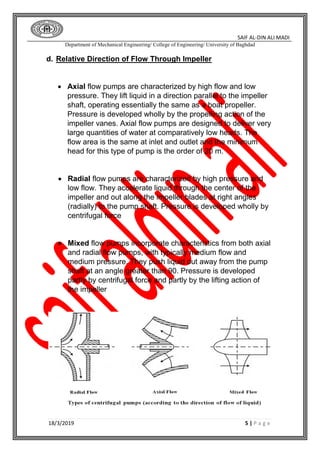 SAIF AL-DIN ALI MADI
Department of Mechanical Engineering/ College of Engineering/ University of Baghdad
18/3/2019 5 | P a g e
d. Relative Direction of Flow Through Impeller
 Axial flow pumps are characterized by high flow and low
pressure. They lift liquid in a direction parallel to the impeller
shaft, operating essentially the same as a boat propeller.
Pressure is developed wholly by the propelling action of the
impeller vanes. Axial flow pumps are designed to deliver very
large quantities of water at comparatively low heads. The
flow area is the same at inlet and outlet and the minimum
head for this type of pump is the order of 20 m.
 Radial flow pumps are characterized by high pressure and
low flow. They accelerate liquid through the center of the
impeller and out along the impeller blades at right angles
(radially) to the pump shaft. Pressure is developed wholly by
centrifugal force
 Mixed flow pumps incorporate characteristics from both axial
and radial flow pumps, with typically medium flow and
medium pressure. They push liquid out away from the pump
shaft at an angle greater than 90. Pressure is developed
partly by centrifugal force and partly by the lifting action of
the impeller
 