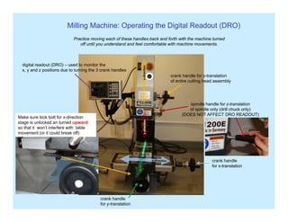 Milling Machine: Operating the Digital Readout (DRO)
Practice moving each of these handles back and forth with the machine turned
on
digital readout (DRO) – used to monitor the
d iti d t t i th 3 k h dl
g
off until you understand and feel comfortable with machine movements.
z-directi
crank handle for z-translation
of entire cutting head assembly
x, y and z positions due to turning the 3 crank handles
spindle handle for z-translation
of spindle only (drill chuck only)
(DOES NOT AFFECT DRO READOUT)
tion
Make sure lock bolt for x-direction
stage is unlocked an turned upward
z-direc
so that it won’t interfere with table
movement (or it could break off)
crank handle
for x-translation
crank handle
for y-translation
 