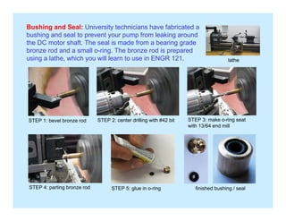 Bushing and Seal: University technicians have fabricated a
bushing and seal to prevent your pump from leaking around
th DC t h ft Th l i d f b i dthe DC motor shaft. The seal is made from a bearing grade
bronze rod and a small o-ring. The bronze rod is prepared
using a lathe, which you will learn to use in ENGR 121. lathe
STEP 1: bevel bronze rod STEP 2: center drilling with #42 bit STEP 3: make o-ring seat
ith 13/64 d illwith 13/64 end mill
STEP 4: parting bronze rod STEP 5: glue in o-ring finished bushing / seal
 