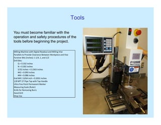 Tools
You must become familiar with the
operation and safety procedures of thep y p
tools before beginning the project.
Milling Machine with Digital Readout and Milling Vise
Parallels to Provide Clearance Between Workpiece and ViseParallels to Provide Clearance Between Workpiece and Vise
Forstner Bits (inches): 1 1/4, 1, and 1/2
Drill Bits:
        Q = 0.332 inches
        N = 0.302 inches
        5/32 inches = 0.1563 inches/
        #42 = 0.093 inches
        #44 = 0.086 inches
End Mill: 13/64 inch = 0.2031 inches
1/8 NPT 27 Pipe Tap with Tap Handle
Ultra Fine Point Permanent Marker
Measuring Scale (Ruler)
Knife for Removing Burrs
Hand Drill
Shop Vac
 