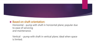 Based on shaft orientation:
Horizontal - pump with shaft in horizontal plane; popular due
to ease of servicing
and maintenance.
Vertical - pump with shaft in vertical plane; ideal when space
is limited.