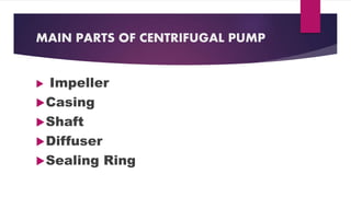 MAIN PARTS OF CENTRIFUGAL PUMP
Impeller
Casing
Shaft
Diffuser
Sealing Ring
