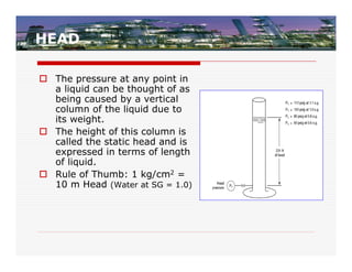 HEAD

 The pressure at any point in
  a liquid can be thought of as
  being caused by a vertical
  column of the liquid due to
  its weight.
 The height of this column is
  called the static head and is
  expressed in terms of length
  of liquid.
 Rule of Thumb: 1 kg/cm2 =
  10 m Head (Water at SG = 1.0)
 