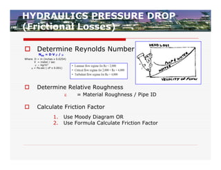 HYDRAULICS PRESSURE DROP
(Frictional Losses)

 Determine Reynolds Number
         NRE = D V  / 
Where D = m (inches x 0.0254)
      V = meter / sec
        kg/m3
     = Pa.sec ( cP x 0.001)




       Determine Relative Roughness
                               = Material Roughness / Pipe ID

       Calculate Friction Factor
                    1.     Use Moody Diagram OR
                    2.     Use Formula Calculate Friction Factor
 
