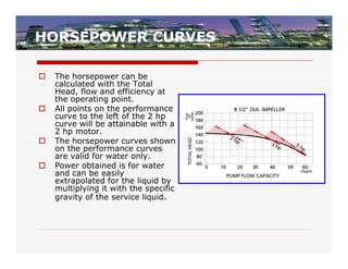 HORSEPOWER CURVES

   The horsepower can be
    calculated with the Total
    Head, flow and efficiency at
    the operating point.
   All points on the performance
    curve to the left of the 2 hp
    curve will be attainable with a
    2 hp motor.
   The horsepower curves shown
    on the performance curves
    are valid for water only.
   Power obtained is for water
    and can be easily
    extrapolated for the liquid by
    multiplying it with the specific
    gravity of the service liquid.
 
