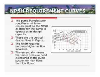 NPSH REQUIREMENT CURVES
 The pump Manufacturer
  specifies a minimum
  requirement on the NPSH
  in order for the pump to
  operate at its design
  capacity.
 These are the vertical
  dashed lines in Figure.
 The NPSH required
  becomes higher as flow
  increases.
 This essentially means
  that more pressure head
  is required at the pump
  suction for high flows
  than low flows.
 