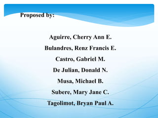 Proposed by:
Aguirre, Cherry Ann E.
Bulandres, Renz Francis E.
Castro, Gabriel M.
De Julian, Donald N.
Musa, Michael B.
Subere, Mary Jane C.
Tagolimot, Bryan Paul A.
 