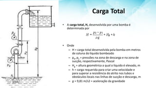Carga Total
• A carga total, H, desenvolvida por uma bomba é
determinada por
• Onde
– H = carga total desenvolvida pela bomba em metros
de coluna do líquido bombeado
– pd, p1 = pressões na zona de descarga e na zona de
sucção, respectivamente, Pascal
– Hg = altura geométrica a qual o líquido é elevado, m
– h = carga requerida para criar uma velocidade e
para superar a resistência do atrito nos tubos e
obstáculos locais nas linhas de sucção e descarga, m
– g = 9,81 m/s2 = aceleração da gravidade
 