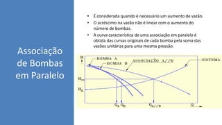 Associação
de Bombas
em Paralelo
• É considerada quando é necessário um aumento de vazão.
• O acréscimo na vazão não é linear com o aumento do
número de bombas.
• A curva característica de uma associação em paralelo é
obtida das curvas originais de cada bomba pela soma das
vazões unitárias para uma mesma pressão.
 