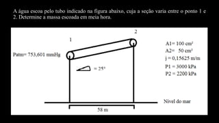 A água escoa pelo tubo indicado na figura abaixo, cuja a seção varia entre o ponto 1 e
2. Determine a massa escoada em meia hora.
 