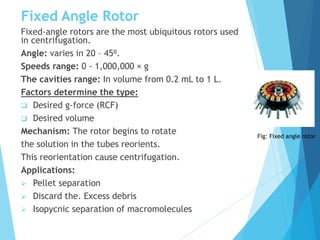 Fixed Angle Rotor
Fixed-angle rotors are the most ubiquitous rotors used
in centrifugation.
Angle: varies in 20 – 45⁰.
Speeds range: 0 - 1,000,000 × g
The cavities range: In volume from 0.2 mL to 1 L.
Factors determine the type:
 Desired g-force (RCF)
 Desired volume
Mechanism: The rotor begins to rotate
the solution in the tubes reorients.
This reorientation cause centrifugation.
Applications:
 Pellet separation
 Discard the. Excess debris
 Isopycnic separation of macromolecules
Fig: Fixed angle rotor
 