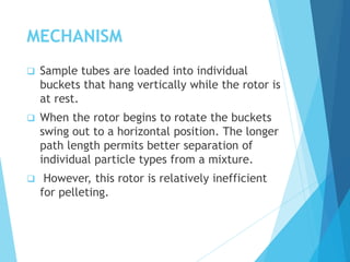 MECHANISM
 Sample tubes are loaded into individual
buckets that hang vertically while the rotor is
at rest.
 When the rotor begins to rotate the buckets
swing out to a horizontal position. The longer
path length permits better separation of
individual particle types from a mixture.
 However, this rotor is relatively inefficient
for pelleting.
 
