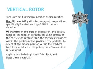 VERTICAL ROTOR
Tubes are held in vertical position during rotation.
Use: Ultracentrifugation for iso-pycnic separations,
specifically for the banding of DNA in cesium
chloride.
Mechanism: In this type of separation, the density
range of the solution contains the same density as
the particle of interest; thus the particles will orient
within this portion of the gradient. The particles to
orient at the proper position within the gradient
travel a short distance to pellet; therefore run time
is minimized.
Application: Include plasmid DNA, RNA, and
lipoprotein isolations.
 