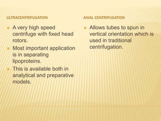 ULTRACENTRIFUGATION AXIAL CENTRIFUGATION
 A very high speed
centrifuge with fixed head
rotors.
 Most important application
is in separating
lipoproteins.
 This is available both in
analytical and preparative
models.
 Allows tubes to spun in
vertical orientation which is
used in traditional
centrifugation.
 