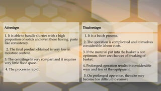 Advantages
1. It is able to handle slurries with a high
proportion of solids and even those having paste
like consistency.
2. The final product obtained is very low in
moisture content.
3. The centrifuge is very compact and it requires
very little floor space..
4. The process is rapid..
Disadvantages
1. It is a batch process.
2. The operation is complicated and it involves
considerable labour costs.
3. If the material put into the basket is not
optimum, there are chances of breaking of
basket.
4. Prolonged operation results in considerable
wear and tear of the equipment.
5. On prolonged operation, the cake may
become too difficult to remove
 