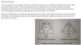 Angle Centrifuge
The construction of a angle centrifuge is shown in Figure 9-3 t consists of electrically driven head
carrying metal buckets. The unique feature of this centrifuge is that metal buckets (carrying
centrifuge tubes) are held at 45 to 50° to the vertical axes, at resting as well as rotating position.
This centrifuge is operated at high speed so as to get RCF of 10,000 g.
During centrifugation, the high density particles have only a short path to travel to reach the sides
of the tube. The particles present in the liquid should sediment rapidly and should not adhere to
the sides of the tube.
 