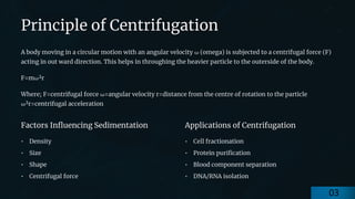 preencoded.png
Principle of Centrifugation
A body moving in a circular motion with an angular velocity ω (omega) is subjected to a centrifugal force (F)
acting in out ward direction. This helps in throughing the heavier particle to the outerside of the body.
F=mω²r
Where; F=centrifugal force ω=angular velocity r=distance from the centre of rotation to the particle
ω²r=centrifugal acceleration
Factors Influencing Sedimentation
• Density
• Size
• Shape
• Centrifugal force
Applications of Centrifugation
• Cell fractionation
• Protein purification
• Blood component separation
• DNA/RNA isolation
03
 