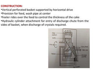 CONSTRUCTION:
•Vertical perforated basket supported by horizontal drive
•Provision for feed, wash pipe at center
•Feeler rides over the feed to control the thickness of the cake
•Hydraulic cylinder attachment for entry of discharge chute from the
sides of basket, when discharge of crystals required.
 