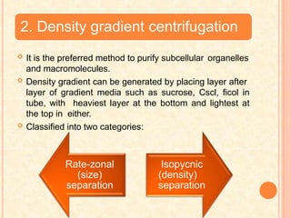 2. Density gradient centrifugation
 It is the preferred method to purify subcellular organelles
and macromolecules.
 Density gradient can be generated by placing layer after
layer of gradient media such as sucrose, Cscl, ficol in
tube, with heaviest layer at the bottom and lightest at
the top in either.
 Classified into two categories:
Rate-zonal
(size)
separation
Isopycnic
(density)
separation
 
