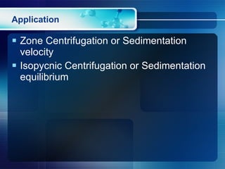 Application Zone Centrifugation or Sedimentation velocity Isopycnic Centrifugation or Sedimentation equilibrium 