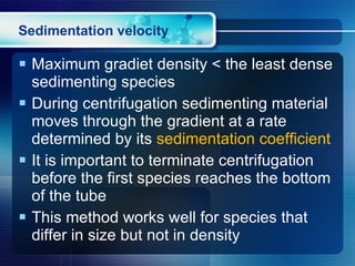 Sedimentation velocity Maximum gradiet density < the least dense sedimenting species During centrifugation sedimenting material moves through the gradient at a rate determined by its  sedimentation coefficient It is important to terminate centrifugation before the first species reaches the bottom of the tube This method works well for species that differ in size but not in density  