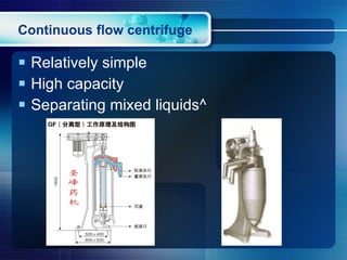 Continuous flow centrifuge Relatively simple High capacity Separating mixed liquids^ 
