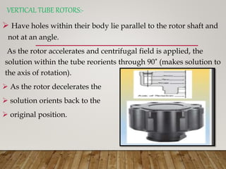 VERTICAL TUBE ROTORS:-
 Have holes within their body lie parallel to the rotor shaft and
not at an angle.
As the rotor accelerates and centrifugal field is applied, the
solution within the tube reorients through 90˚ (makes solution to
the axis of rotation).
 As the rotor decelerates the
 solution orients back to the
 original position.
 
