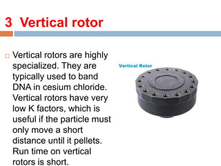 3. Vertical rotor
 Vertical rotors are highly
specialized. They are
typically used to band
DNA in cesium chloride.
Vertical rotors have very
low K factors, which is
useful if the particle must
only move a short
distance until it pellets.
Run time on vertical
rotors is short.
 