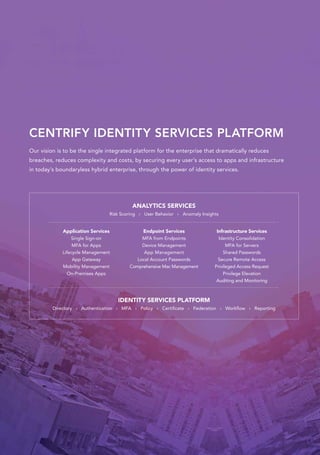 CENTRIFY IDENTITY SERVICES PLATFORM
Our vision is to be the single integrated platform for the enterprise that dramatically reduces
breaches, reduces complexity and costs, by securing every user’s access to apps and infrastructure
in today’s boundaryless hybrid enterprise, through the power of identity services.
ANALYTICS SERVICES
Risk Scoring › User Behavior › Anomaly Insights
Application Services
Single Sign-on
MFA for Apps
Lifecycle Management
App Gateway
Mobility Management
On-Premises Apps
Endpoint Services
MFA from Endpoints
Device Management
App Management
Local Account Passwords
Comprehensive Mac Management
Infrastructure Services
Identity Consolidation
MFA for Servers
Shared Passwords
Secure Remote Access
Privileged Access Request
Privilege Elevation
Auditing and Monitoring
IDENTITY SERVICES PLATFORM
Directory › Authentication › MFA › Policy › Certificate › Federation › Workflow › Reporting
 