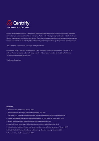 Centrify redefines security from a legacy static perimeter-based approach to protecting millions of scattered
connections, in a boundaryless hybrid enterprise. As the only industry recognized leader in both Privileged
Identity Management and Identity-as-a-Service, Centrify provides a single platform to secure every user’s access
to apps and infrastructure in today’s boundaryless hybrid enterprise, through the power of identity services.
This is the Next Dimension of Security in the Age of Access.
Founded in 2004, Centrify is enabling over 5,000 customers, including over half the Fortune 50, to
defend their organizations. Centrify is a privately held company based in Santa Clara, California.
To learn more visit www.centrify.com.
The Breach Stops Here
SOURCES
1. 	Forrester, Stop the Breach, January 2017
2.	Forrester Wave™
: Privileged Identity Management, Q3 2016
3. 	CSO from IDG, Top Five Cybersecurity Facts, Figures, and Statistics for 2017, December 2016
4. 	Forbes, Worldwide Cybersecurity Spending Increasing To $170 Billion By 2020, March 2016
5. 	Breach Level Index, Data Breach Statistics, www.breachlevelindex.com
6.	New York Times, Yahoo Says 1 Billion User Accounts Were Hacked, December 2016
7. 	Yahoo Investor Relations, Verizon and Yahoo amend terms of definitive agreement, February 2017
8.	Wired, The Web-Shaking Mirai Botnet Is Splintering—But Also Evolving, November 2016
9. 	Forrester, Stop the Breach, January 2017
 