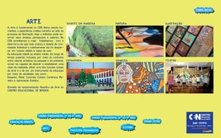 página inicial
página inicial

arte

A Arte é fundamental no CEN. Numa escola humanista, a experiência criativa caminha ao lado do
processo de libertação. Aqui o indivíduo pode externar seus anseios, percepções e saberes. No
CEN acreditamos e mais, trabalhamos , com a
ideia-força de que toda criança é dotada de criatividade. Individual e coletivamente ela irá despertar em nossos ateliês e salas de aula.
Da educação infantil ao ensino médio. Ao longo do
tempo poderão, inclusive, por meio do confronto
entre valores artísticos do passado e do presente, estamparia
tornar-se capazes de abstrair e estabelecer uma
visão da realidade, aﬁnal, uma das funções sociais
da Arte é a de ser um instrumento da educação
por meio de atividades, tais como:
Desenho, Metal, Concreto Celular, Cerâmica, Madeira e Apreciação Estética.

pintura

Ilustração

Gravura

grafite em madeira

teatro

(Extraído da fundamentação ﬁlosóﬁca de Arte do
CENTRO EDUCACIONAL DE NITERÓI).

Ensino Fundamental (1º ao 5º ano)
Ensino Fundamental (1º ao 5º ano)

CENTRO
EDUCACIONAL

Ensino Fundamental (6º ao 9º ano)
(6º ao 9º ano)
ensino médio

EDUCAÇÃO INFANTIL
EDUCAÇÃO INFANTIL
arte
arte

projetos pedagógicos
projetos pedagógicos

eletivas
eletivas

DE NITERÓI

2611-0000
Rua Itaguaí nº 173, Santa Rosa - Niterói

www.centrinho.g12.br

 