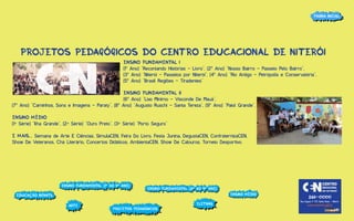 página inicial
página inicial

PROJETOS PEDAGÓGICOS DO CENTRO EDUCACIONAL DE NITERÓI
Ensino Fundamental I
(1º Ano) “Recontando Histórias - Livro”, (2º Ano) “Nosso Bairro - Passeio Pelo Bairro”,
(3º Ano) “Niterói - Passeios por Niterói”, (4º Ano) “Rio Antigo - Petrópolis e Conservatória”,
(5º Ano) “Brasil Regiões - Tiradentes”
Ensino Fundamental II
(6º Ano) “Lixo Mínimo - Visconde De Mauá”,
(7º Ano) “Caminhos, Sons e Imagens - Paraty”, (8º Ano) “Augusto Ruschi - Santa Tereza”, (9º Ano) “Paiol Grande”.
Ensino Médio
(1ª Série) “Ilha Grande”, (2ª Série) “Ouro Preto”, (3ª Série) “Porto Seguro”
E mais... Semana de Arte E Ciências, SimulaCEN, Feira Do Livro, Festa Junina, DegustaCEN, ConfraternizaCEN,
Show De Veteranos, Chá Literário, Concertos Didáticos, AmbientaCEN, Show De Calouros, Torneio Desportivo.

Ensino Fundamental (1º ao 5º ano)
Ensino Fundamental (1º ao 5º ano)

CENTRO
EDUCACIONAL

Ensino Fundamental (6º ao 9º ano)
(6º ao 9º ano)
ensino médio

EDUCAÇÃO INFANTIL
EDUCAÇÃO INFANTIL
arte
arte

projetos pedagógicos
projetos pedagógicos

eletivas
eletivas

DE NITERÓI

2611-0000
Rua Itaguaí nº 173, Santa Rosa - Niterói

www.centrinho.g12.br

 
