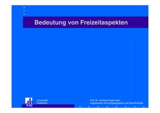 Bedeutung von Freizeitaspekten
Das Bild k ann zurzeit nicht angezeigt werden.

Universität
Paderborn

Prof. Dr. Andreas Kagermeier
Angewandte Anthropogeographie und Geoinformatik

 