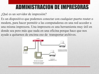 ADMINISTRACION DE IMPRESORAS
¿Qué es un servidor de impresión?
Es un dispositivo que podemos conectar con cualquier puerto router o
modem, para hacer permitir a las computadoras en una red acceder a
una misma impresora. Una impresora es una herramienta muy útil en
donde sea pero más que nada en una oficina porque hace que nos
ayude a quitarnos de encima eso de transportar archivos.
 
