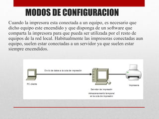 MODOS DE CONFIGURACION
Cuando la impresora esta conectada a un equipo, es necesario que
dicho equipo este encendido y que disponga de un software que
comparta la impresora para que pueda ser utilizada por el resto de
equipos de la red local. Habitualmente las impresoras conectadas aun
equipo, suelen estar conectadas a un servidor ya que suelen estar
siempre encendidos.
 