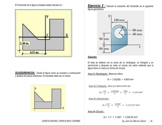 CENTRO DE GRAVEDAD , CENTRO DE MASA Y CENTROIDE Ing. José Luis Albornoz Salazar - 4 -
El Centroide de la figura completa estará ubicado en :
SUGERENCIA: Divida la figura como se muestra a continuación
y aplique los pasos anteriores. El resultado debe ser el mismo.
Ejercicio 2 : Calcular la ubicación del Centroide de la siguiente
figura geométrica.
Solución:
El área se obtiene con la suma de un rectángulo, un triangulo y un
semicírculo y después se resta un circulo (se sobre entiende que la
figura tiene un hueco en forma de circulo).
Area A1 (Rectángulo) : Base por altura.
A1 = (120)(80) = 9.600 mm2
Area A4 (Circulo) :
A4 = π r2 = π (40)2 = 5.026,55 mm2
 