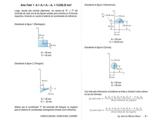 CENTRO DE GRAVEDAD , CENTRO DE MASA Y CENTROIDE Ing. José Luis Albornoz Salazar - 5 -
Area Total = A1 + A2 + A3 – A4 = 13.828,32 mm2
Luego, resulta más cómodo determinar los valores de “X” y “Y” del
centroide de cada una de las figuras simples para incluirlas en la fórmula
respectiva, tomando en cuenta el sistema de coordenadas de referencia.
Estudiando la figura 1 (Rectángulo) :
X1 = 60 mm
Y1 = 40 mm
Estudiando la figura 2 (Triangulo) :
X2 = 40 mm
Y2 = - 20 mm
Nótese que la coordenada “Y” del centroide del triángulo es negativa
para el sistema de coordenadas rectangulares tomado como referencia.
Estudiando la figura 3 (Semicirculo) :
X3 = 60 mm
Y3 = 105,46 mm
Estudiando la figura 4 (Circulo) :
X4 = 60 mm
Y4 = 80 mm
Con toda esta información el problema se limita a introducir estos valores
en las dos fórmulas:
x
 
