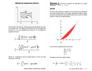 CENTRO DE GRAVEDAD , CENTRO DE MASA Y CENTROIDE Ing. José Luis Albornoz Salazar - 7 -
Método de integración directa :
Para calcular el centroide de una figura plana que está limitada por arriba
por la funci{on “f(x)” , por debajo por la función “g(x)”, por la izquierda por
la recta “X = a” y por la derecha por la recta “X = b”; se utilizan las
siguientes fórmulas :
Donde “A” representa el área de la figura plana a la que se le está
calculando el centroide.
Ejercicio 4 : Calcular la ubicación del Centroide de la región
acotada por “Y = X2” y “Y = X”
Solución:
El primer paso consiste en graficar las dos funciones para determinar
cuál queda ubicada arriba y cuál debajo. Igualmente se deben calcular
los puntos de intersección de las dos funciones para conocer los índices
superior e inferior de la integral definida.
Una vez hecha la gráfica podemos decir que :
f(x) = “Y = X”
g(x) = “Y = X2”
a = 0
b = 1
Calculando el área de la región acotada :
 