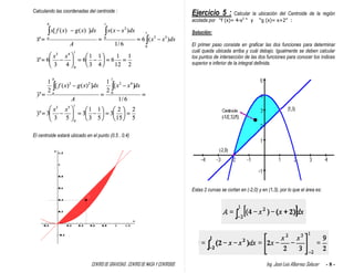 CENTRO DE GRAVEDAD , CENTRO DE MASA Y CENTROIDE Ing. José Luis Albornoz Salazar - 8 -
Calculando las coordenadas del centroide :
El centroide estará ubicado en el punto (0.5 , 0.4)
Ejercicio 5 : Calcular la ubicación del Centroide de la región
acotada por “f (x)= 4-x2
“ y “g (x)= x+2” :
Solución:
El primer paso consiste en graficar las dos funciones para determinar
cuál queda ubicada arriba y cuál debajo. Igualmente se deben calcular
los puntos de intersección de las dos funciones para conocer los índices
superior e inferior de la integral definida.
Estas 2 curvas se cortan en (-2,0) y en (1,3), por lo que el área es:
 