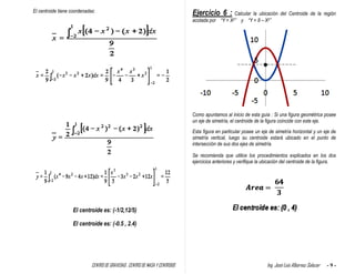 CENTRO DE GRAVEDAD , CENTRO DE MASA Y CENTROIDE Ing. José Luis Albornoz Salazar - 9 -
El centroide tiene coordenadas:
El centroide es: (-1/2,12/5)
El centroide es: (-0.5 , 2.4)
Ejercicio 6 : Calcular la ubicación del Centroide de la región
acotada por “Y = X2” y “Y = 8 – X2”
Como apuntamos al inicio de esta guía : Si una figura geométrica posee
un eje de simetría, el centroide de la figura coincide con este eje.
Esta figura en particular posee un eje de simetría horizontal y un eje de
simetría vertical, luego su centroide estará ubicado en el punto de
intersección de sus dos ejes de simetría.
Se recomienda que utilice los procedimientos explicados en los dos
ejercicios anteriores y verifique la ubicación del centroide de la figura.
 