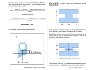 CENTRO DE GRAVEDAD , CENTRO DE MASA Y CENTROIDE Ing. José Luis Albornoz Salazar - 6 -
Debiendo tomar en cuenta que el valor del área del círculo (A4) tendrá
signo negativo y el valor de la coordenada “Y” del centroide del triángulo
(Y2) también tendrá signo negativo
Ycentroide = 36,6 mm
El Centroide de la figura completa estará ubicado en :
Ejercicio 3 : Calcular la ubicación del Centroide de la siguiente
figura geométrica.
Como apuntamos al inicio de esta guía : Si una figura geométrica posee
un eje de simetría, el centroide de la figura coincide con este eje.
Esta figura en particular posee un eje de simetría horizontal y un eje de
simetría vertical, luego su centroide estará ubicado en el punto de
intersección de sus dos ejes de simetría.
Se recomienda que utilice los procedimientos explicados en los dos
ejercicios anteriores y verifique la ubicación del centroide de la figura.
 