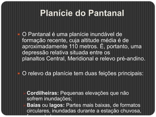 Planície do Pantanal
 O Pantanal é uma planície inundável de
formação recente, cuja altitude média é de
aproximadamente 110 metros. É, portanto, uma
depressão relativa situada entre os
planaltos Central, Meridional e relevo pré-andino.
 O relevo da planície tem duas feições principais:
Cordilheiras: Pequenas elevações que não
sofrem inundações;
Baías ou lagos: Partes mais baixas, de formatos
circulares, inundadas durante a estação chuvosa,
 