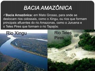 Bacia Amazônica: em Mato Grosso, para onde se
deslocam rios colossais, como o Xingu, ou rios que formam
principais afluentes do rio Amazonas, como o Juruena e
o Teles Pires que formam o rio Tapajós;
Rio Xingu Rio Teles
Pires
 