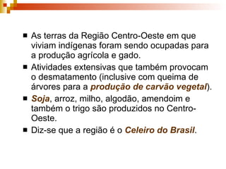 As terras da Região Centro-Oeste em que viviam indígenas foram sendo ocupadas para a produção agrícola e gado. Atividades   extensivas que também provocam o desmatamento (inclusive com queima de árvores para a  produção de carvão vegetal ). Soja , arroz, milho, algodão, amendoim e também o trigo são produzidos no Centro-Oeste.  Diz-se que a região é o  Celeiro do Brasil . 